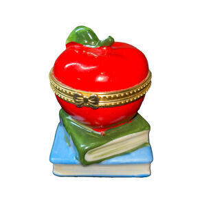 Vintage Red Apple School Books Hinged Porcelain Teachers Trinket Box